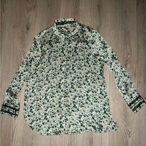 Zara Green White Floral Button Down Shirt Womens XXL Lightweight Polyester